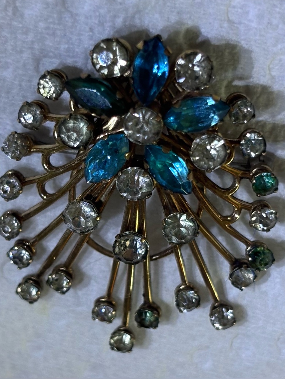 Vintage Van Dell Gold Filled Blue Rhinestone Starburst Brooch/Pendant